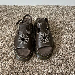 Dr. Martens Brown Floral Cutout Leather Sandals with Yellow Stitching